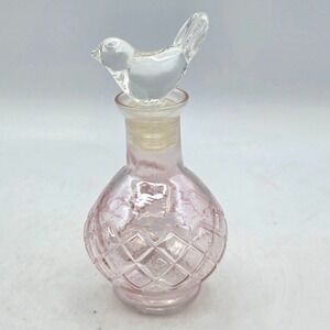 VINTAGE Glass Bird Stopper With Pink Iridized Glass Perfume Bottle  Vanity Decor